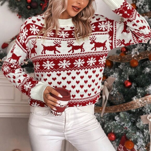 Red And White Casual Women's Christmas Elk & Heart Pattern Drop Shoulder Sweater - Picture 6 of 6